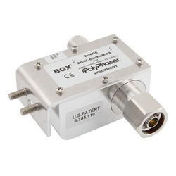 Type N F/M Coaxial RF Surge Protector, 5MHz - 400MHz, 40W, IP67, 60 V Max., 1mJ, 3kA, Hybrid, Bracket Down, Stud Type N F/M Coaxial RF Surge Protector, 5MHz - 400MHz, 40W, IP67, 60 V Max., 1mJ, 3kA, Hybrid, Bracket Down, Stud